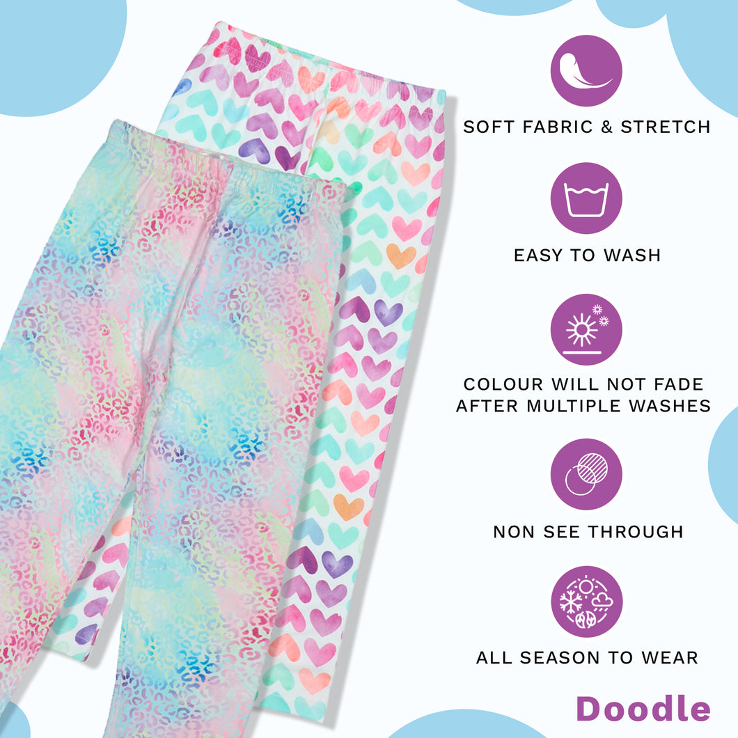 Doodle Girls Pack Of 2 Leggings AOP Printed White and Blue